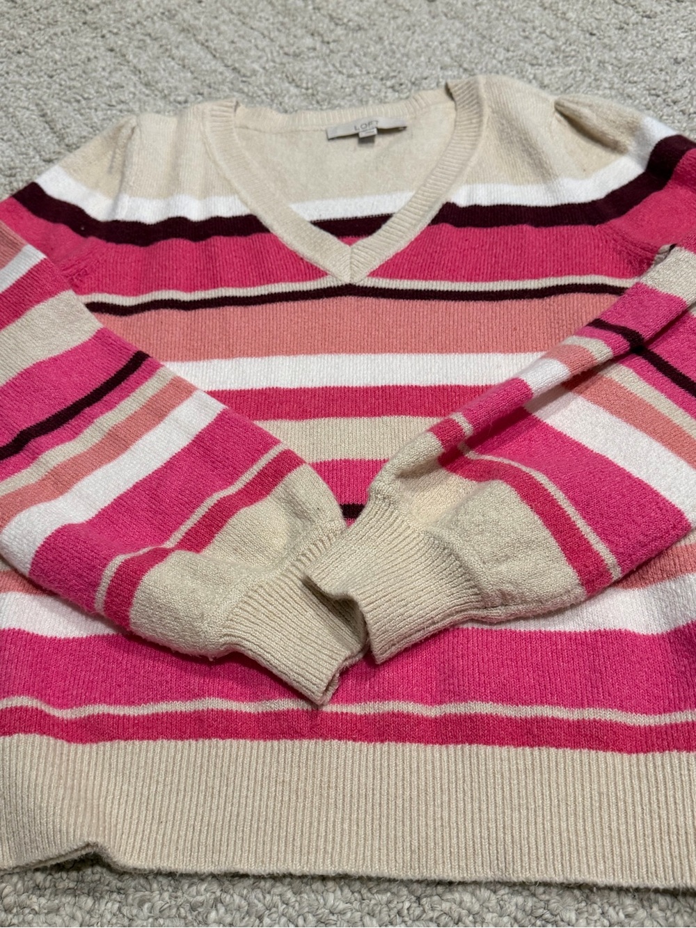 Loft striped long sleeve pink maroon tan v-neck sweater large